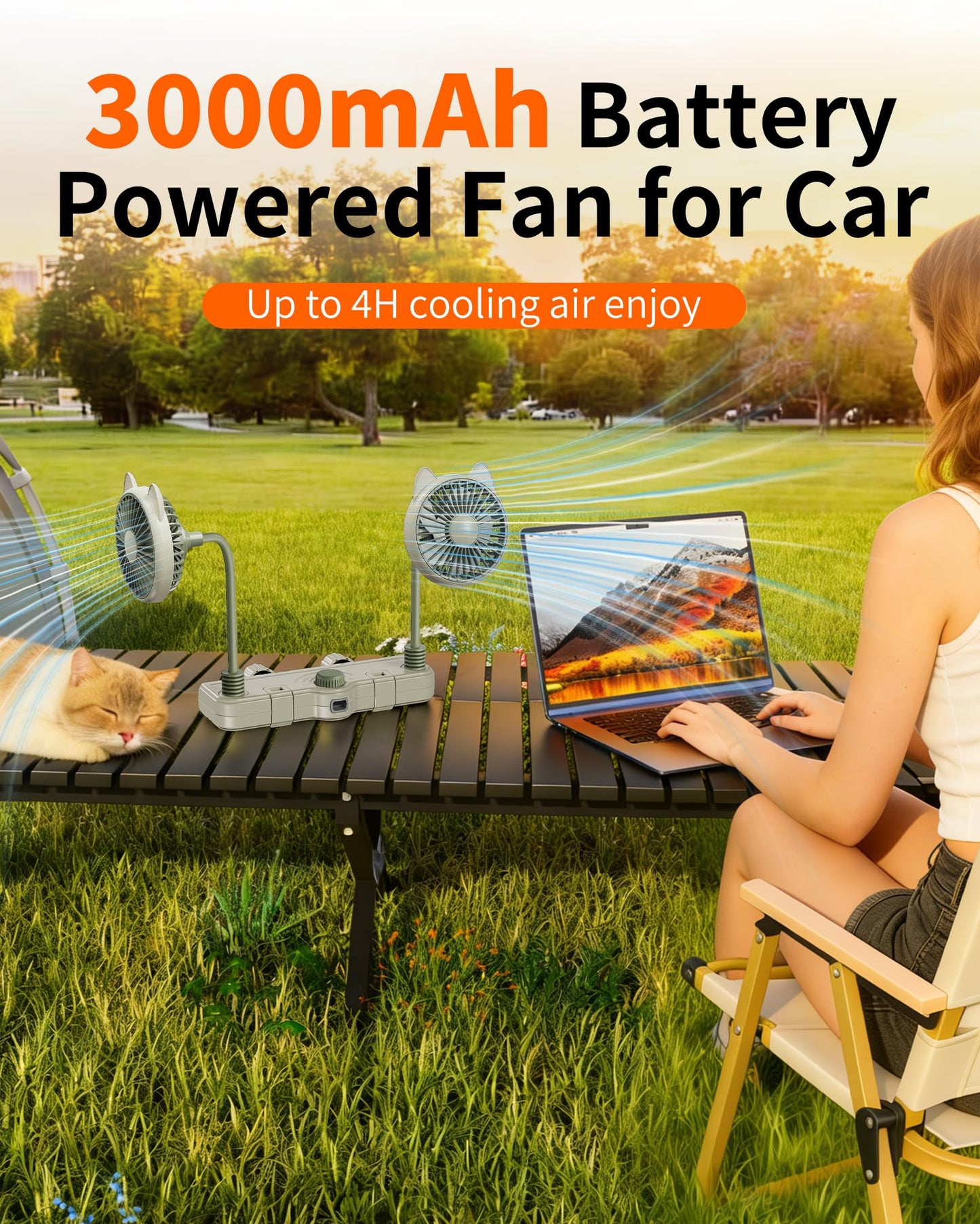 SCENEIN Cute Dual Head Gooseneck Car Cooling Fans for Back Seat for Kids, 3000mAh Battery Powered Rechargeable Usb Car Headrest Fan for Baby Rear