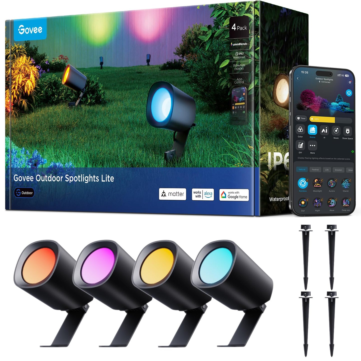 Govee Outdoor Spotlights Lite 4 pack, IP67 Waterproof Spotlights, Landscape Lighting Work with Alexa, Matter and Google Assistant, RGBWIC Color