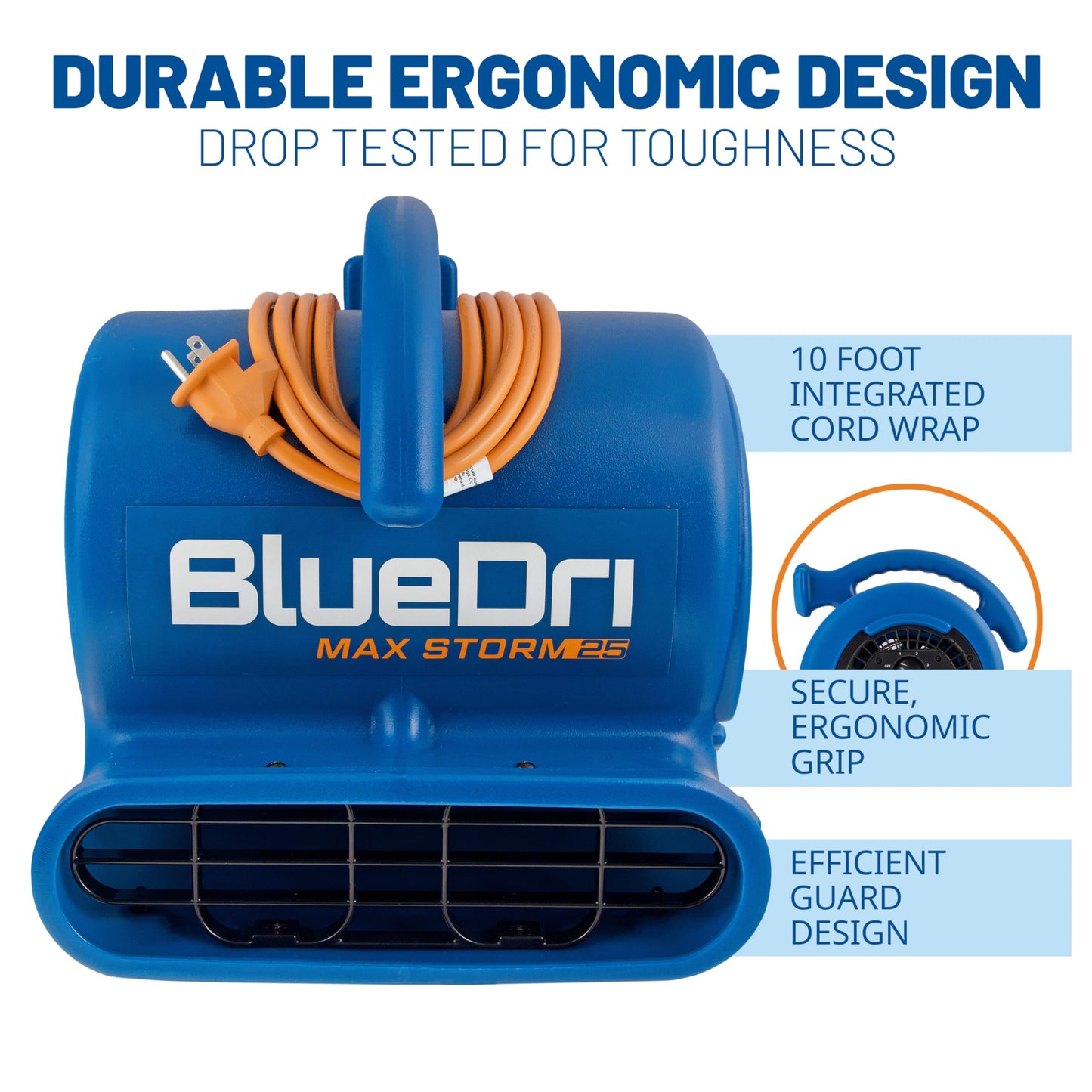 BlueDri Max Storm 25 1/4 HP, 900 CFM Air Mover Blower Fan for Water Damage Restoration Carpet Dryer Floor Home and Plumbing Use, Blue, BD-MS25, Large