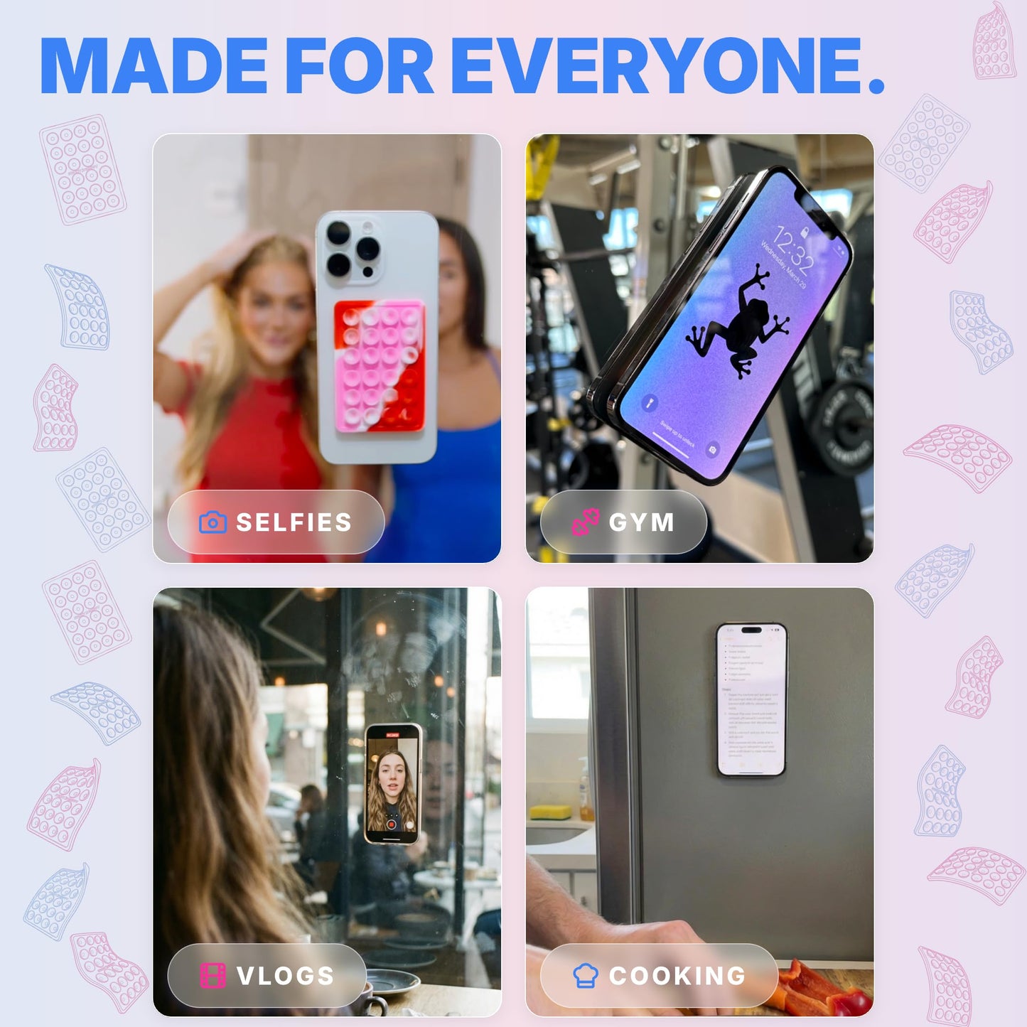 StickyGrippy Suction Phone Case Mount, Sillicon Adhesive Phone Accessory for iPhone and Android, Hands-Free Fidget Toy Mirror Shower Phone Holder