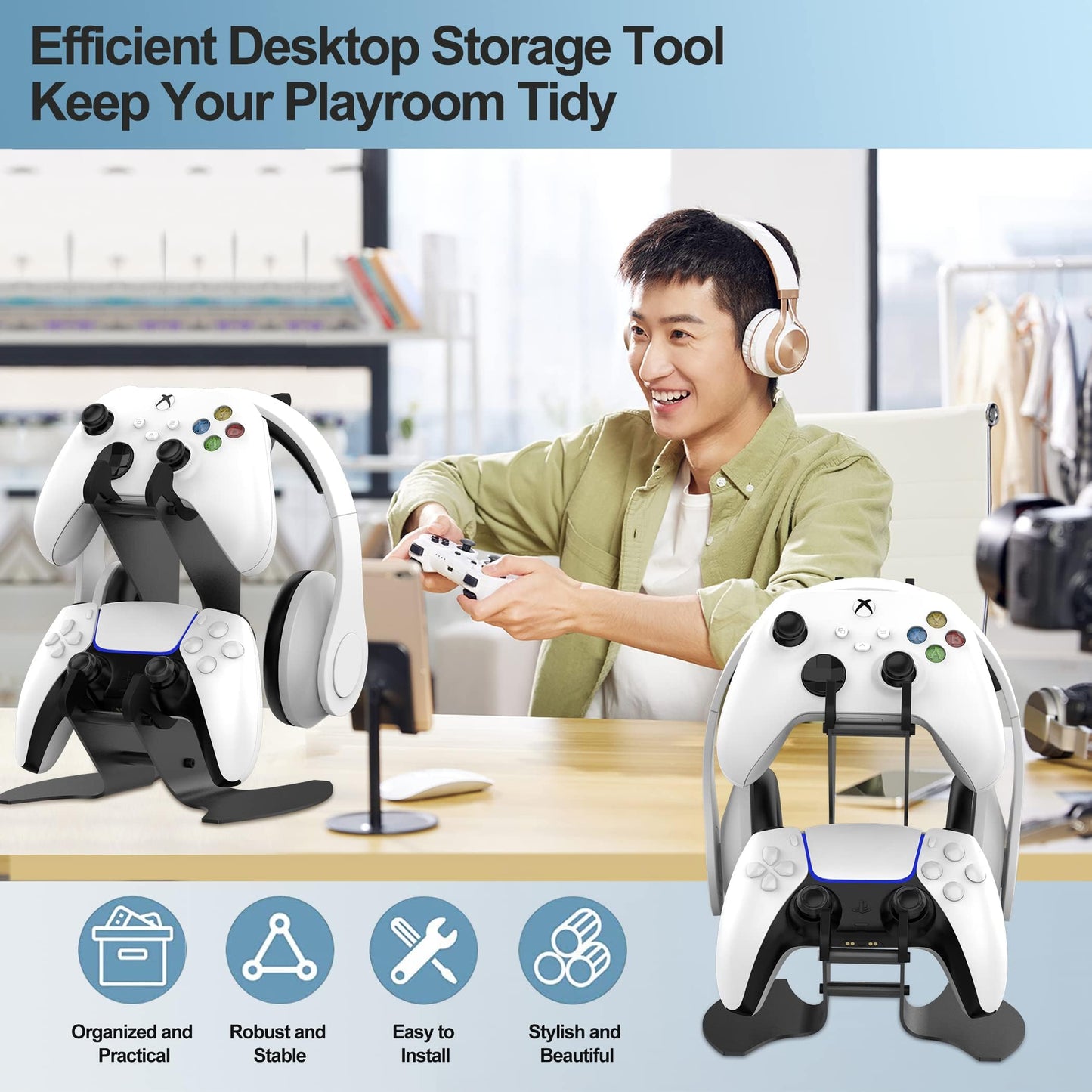 DOYO Controller Stand Organizer for Desk, Universal Headphone Stand for Xbox PS5 PS4 Switch, Headset Holder & Desk Mounts, Gaming Desk Accessories