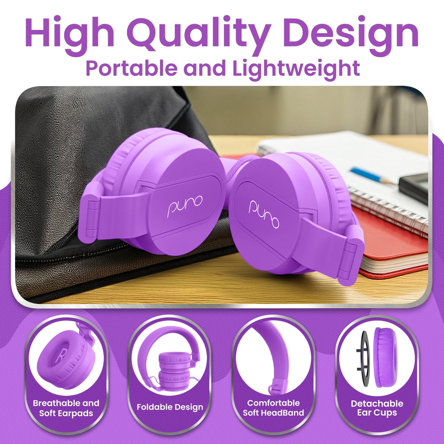 Puro Sound Labs - Kids Headphones, Volume-Limiting 85dB, PuroBasic, Purple
