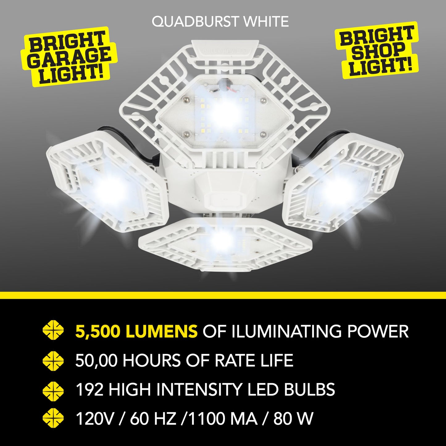 Bell+Howell QUADBURST LED Ceiling Light Bulbs 80W 5500 Lumens - 4 Aluminum Deformable Panels LED Shop Light Fixture for Indoor, Bedroom, Garage