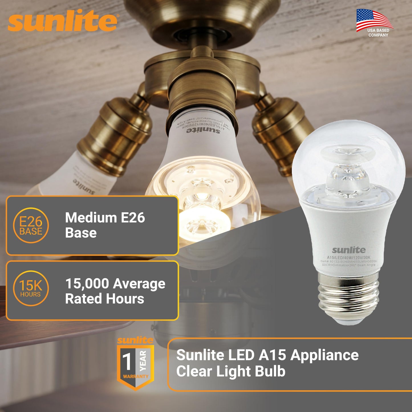 Sunlite 45162 LED A15 Appliance Clear Light Bulb, 6 Watts (40W Equivalent), 450 Lumens, Medium Base (E26), 90 CRI, Dimmable, ETL Listed, Ceiling Fan