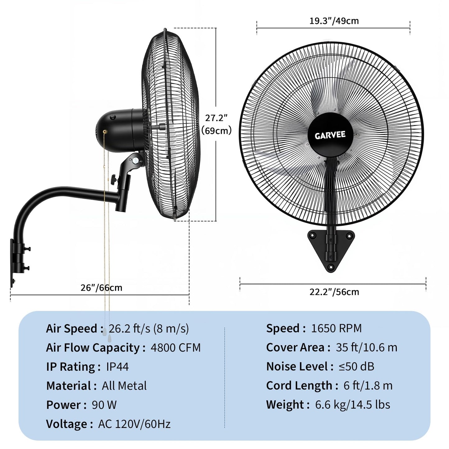 Garvee 20 Inch Oscillating Wall Mount Fan, 3 Speed High Velocity 4800 CFM Industrial Wall Fan, 90° Oscillation & 30° Tilt Cooling,Wall Fan for Home