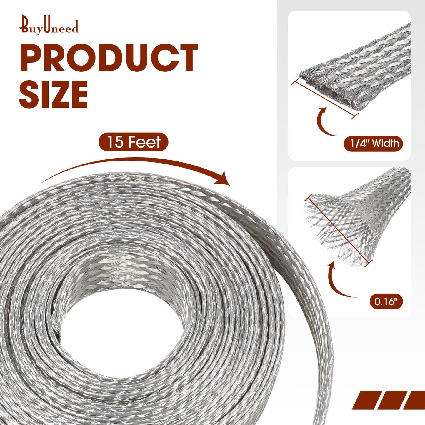 Wire Shielding Sleeve Tinned Copper Braid Ground Straps Cable Sheathing Protection Flat Metal Mesh Flexible Expandable (1/4 in Wide(0.16 in Dia)-15ft)