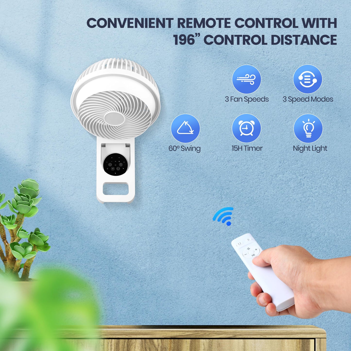 Simple Deluxe 7 inch Wall Mount Fan, 3 Speeds & 3 Modes, 15 Hours Timer, 60° Oscillating Circulating Fan, with Remote Control, Air Circulation Fan