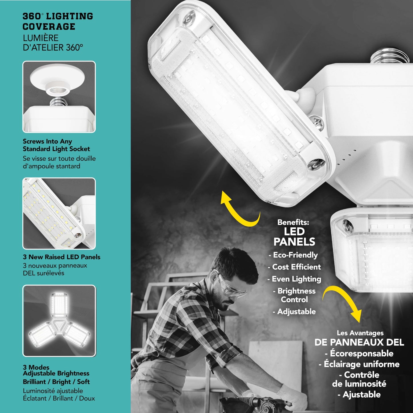 TRIBURST SHOPLIGHT PRO 360 LED Garage Lights - LED Light Bulb - Aluminum - 4000 Lumens & 40 Watts, 3 Brightness Mode, Adjustable Triple Panel