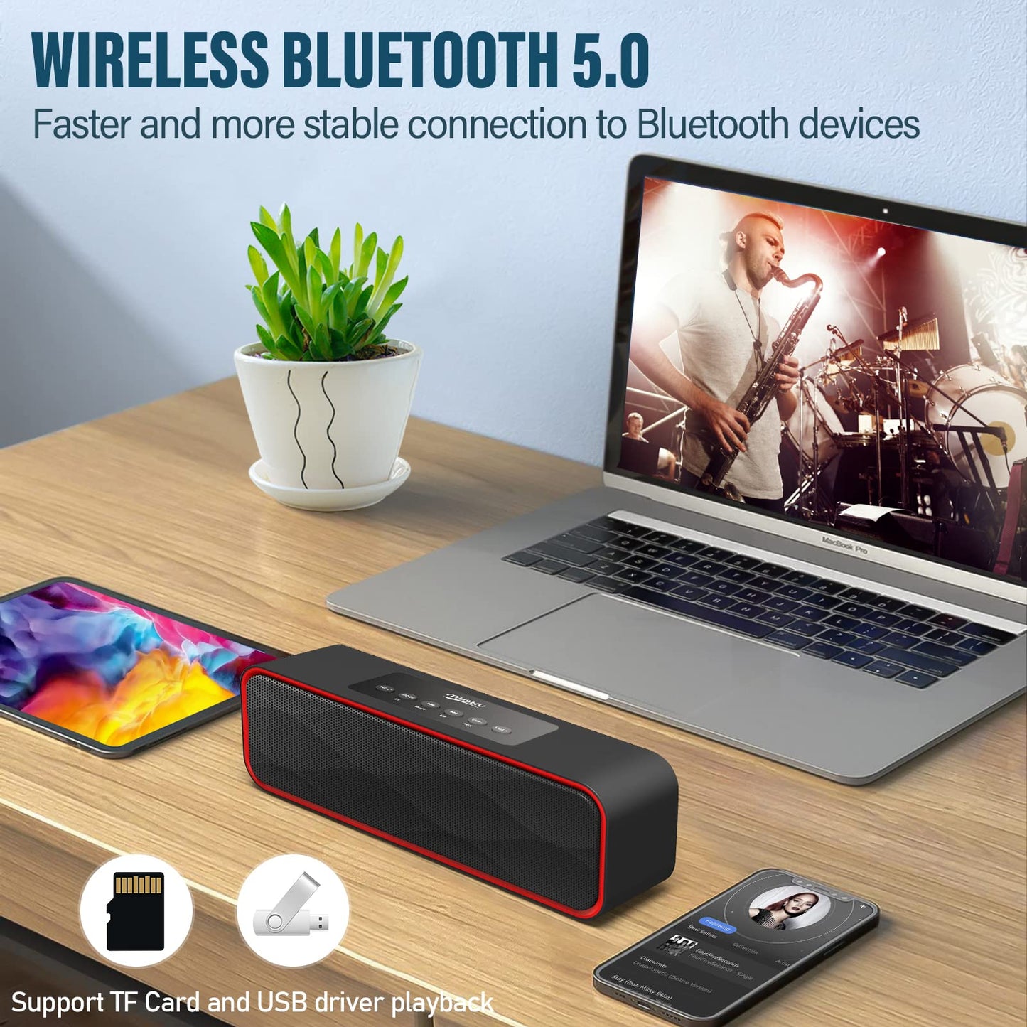Portable Wireless Bluetooth Stereo Speaker with Powerful Sound 10W Acoustic Drivers Built-in Mic FM Radio Micro SD Card USB AUX-in Slot