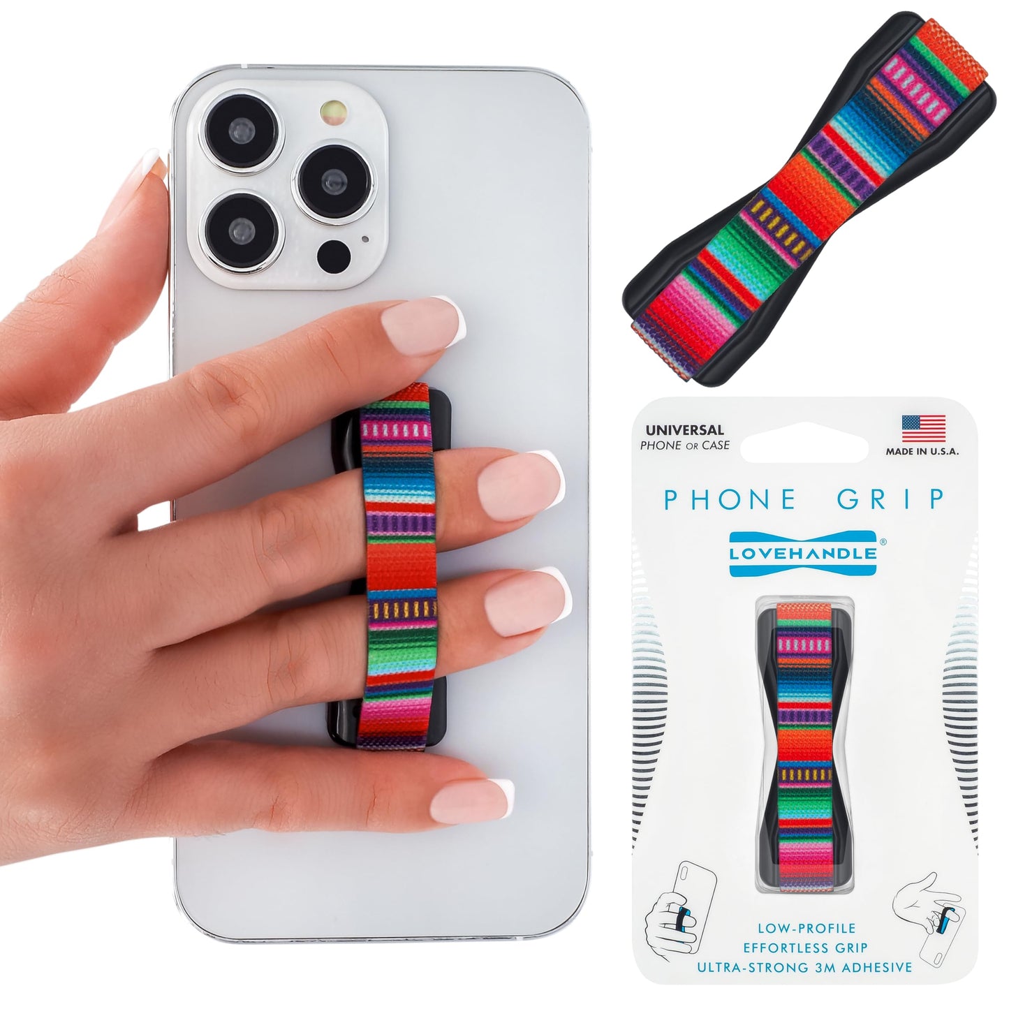 LOVEHANDLE Universal Phone Grip for Smartphones & Mini Tablets - Phone Holder for Hand - Wireless Charging Compatible - Made in The USA - Serape