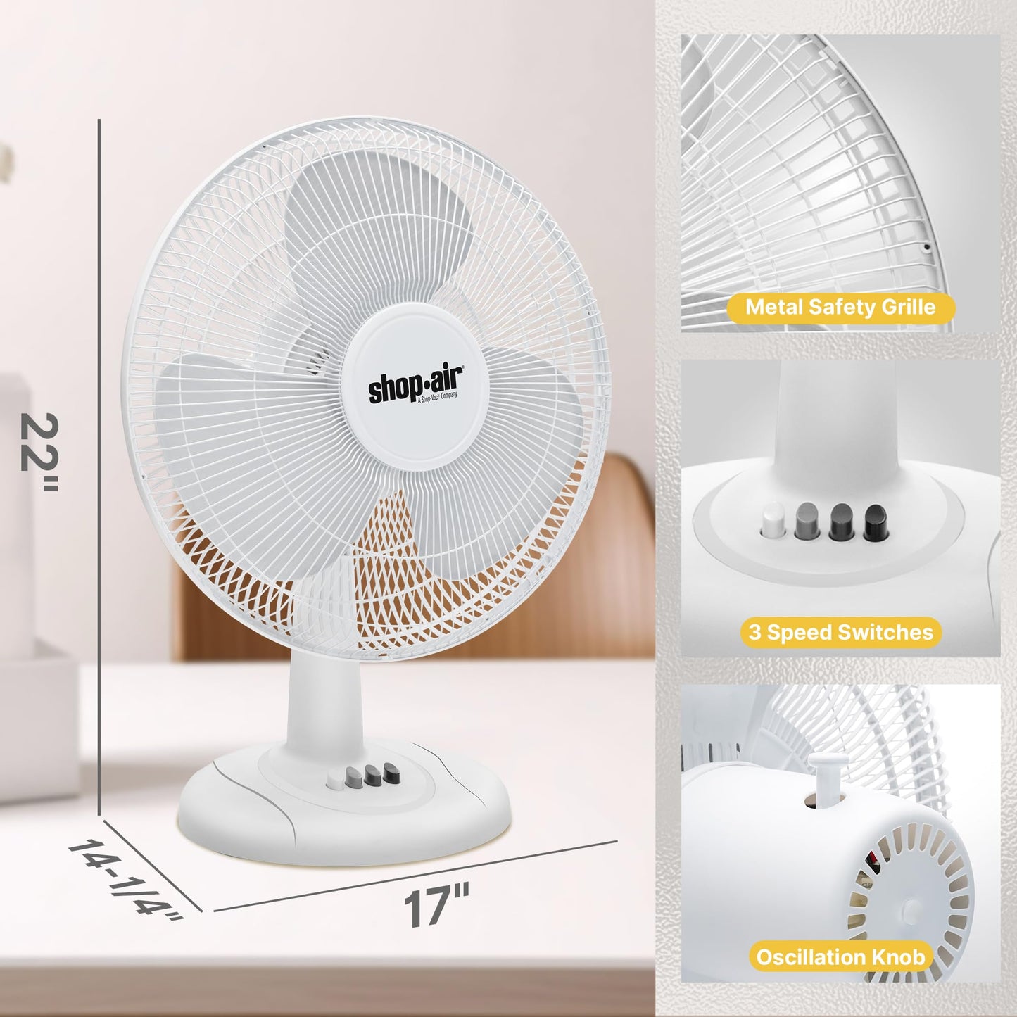 Shop-Air 16" Oscillating Table Fan, 3 Speeds, High-Velocity, Quiet & Powerful Air Circulation, 70° Adjustable Head Tilt,Ideal for Home, Bedroom or