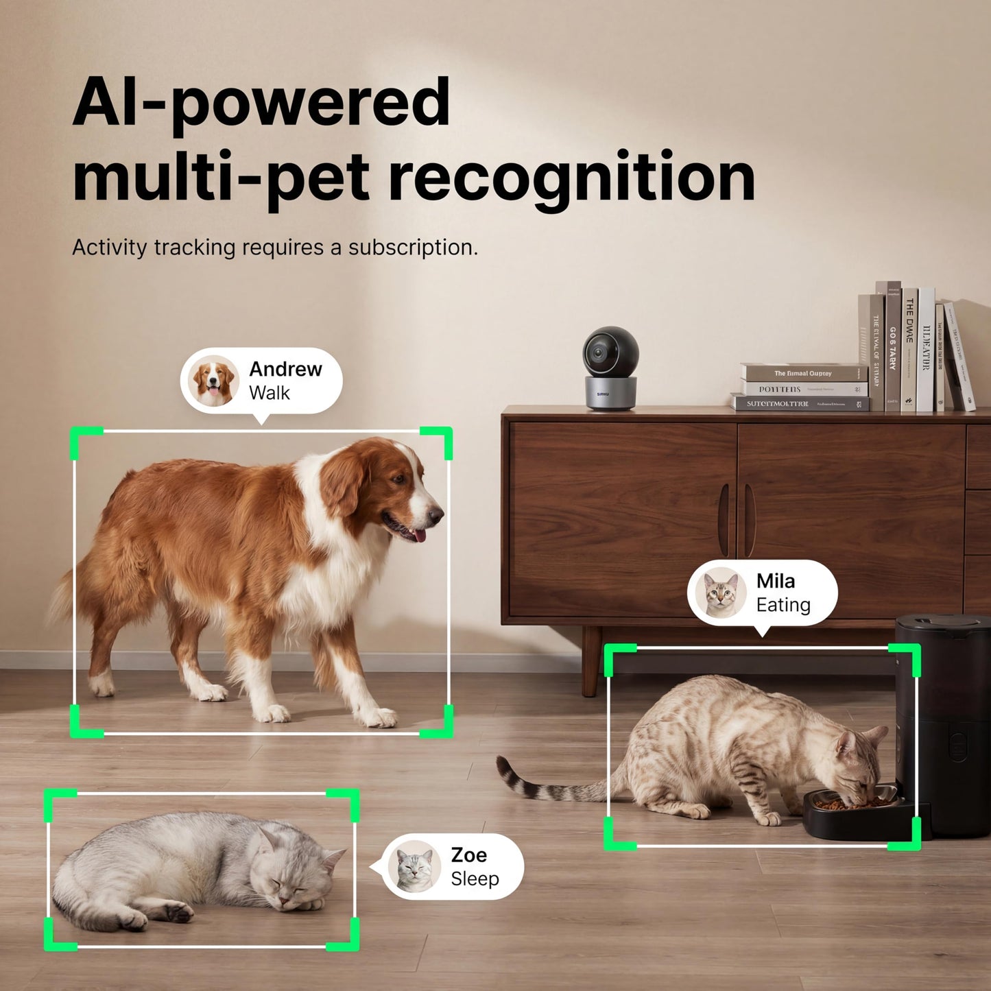 Sirwu AI Pet Camera Indoor with Phone App, Dog Camera with Speaker, Multi-Pet Recognition & AI Day Summary, 2K 3MP Cat Camera for Indoor, 360° Auto