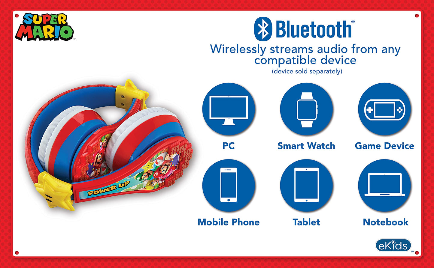 Super Mario Wireless Bluetooth Portable Kids Headphones with Microphone, Volume Reduced to Protect Hearing Rechargeable Battery, Adjustable Kids…