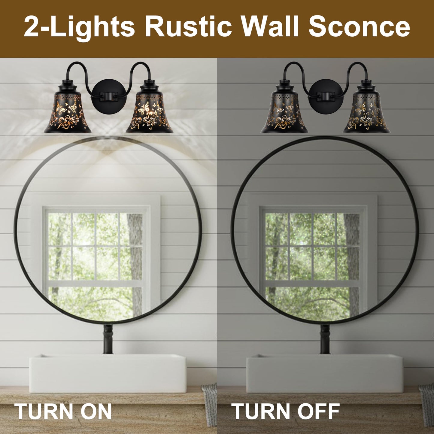 SendaLife 2 Light Bathroom Vanity Light,Rustic Butterfly Metal Black and Gold Wall Sconce,Industrial Bathroom Lighting Fixtures Over Mirror,Gooseneck