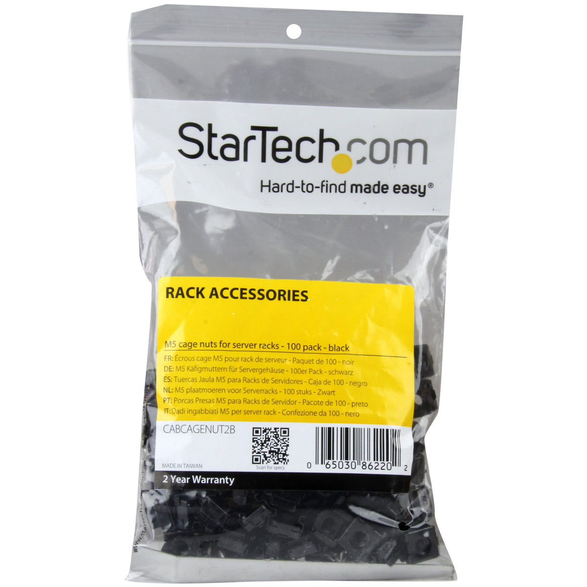 StarTech 100-Pack M5 Square Hole Cage Nuts & Tool, Black Steel, 19in, TAA