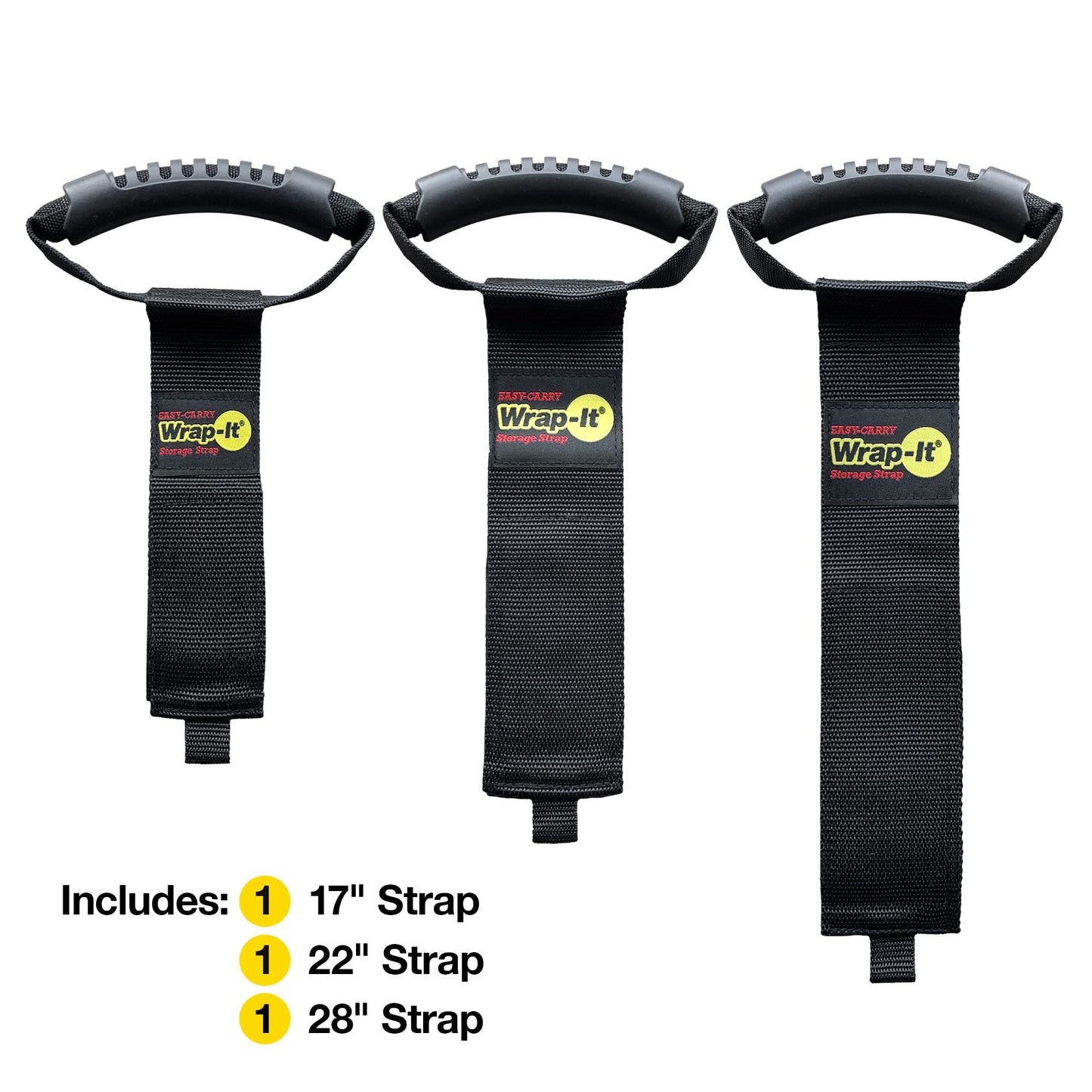 Wrap-It Storage Easy-Carry Straps - Assorted 3-Pack Black - Hook and Loop Straps with a Carrying Handle for Garden Hose, Extension Cord, Cable