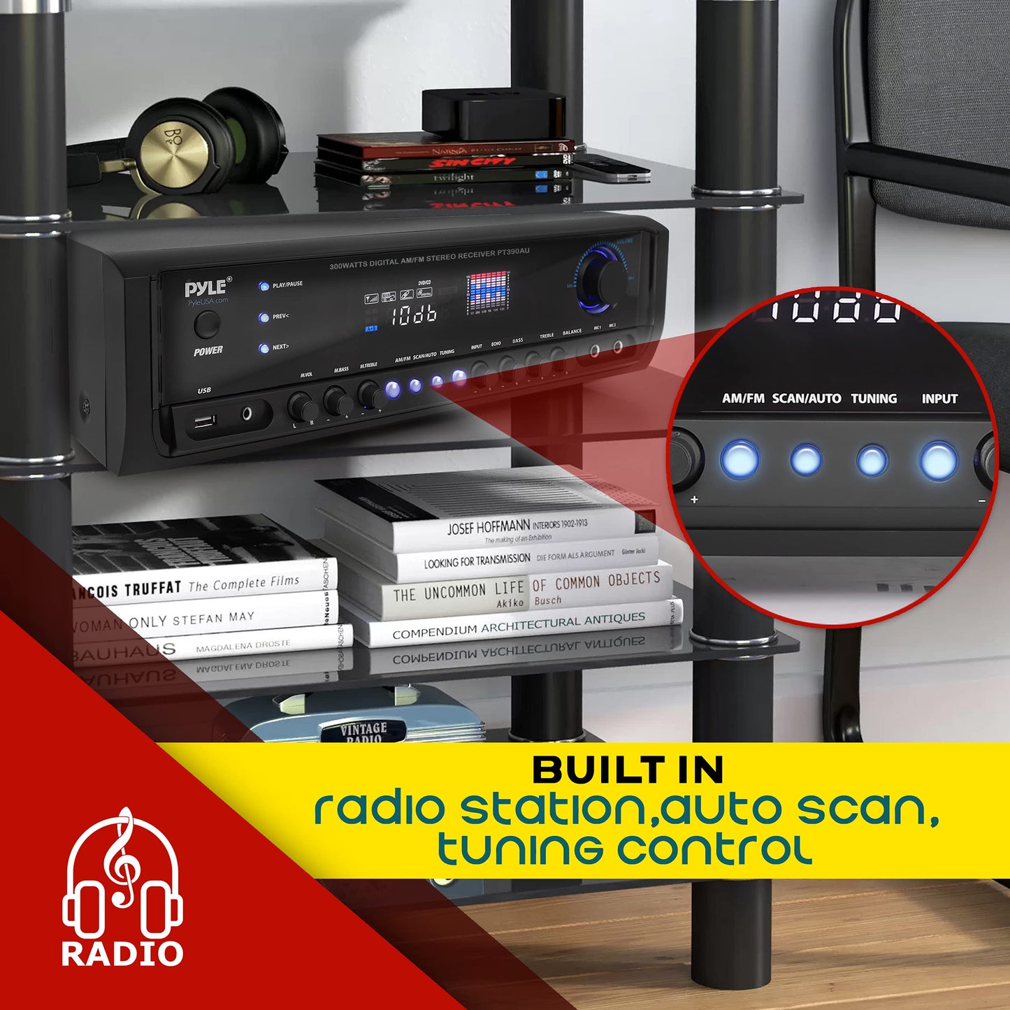 Pyle Home Audio Power Amplifier System - 300W 4 Channel Theater Power Stereo Sound Receiver Box Entertainment w/USB, RCA, AUX, Mic w/Echo, LED, Remote