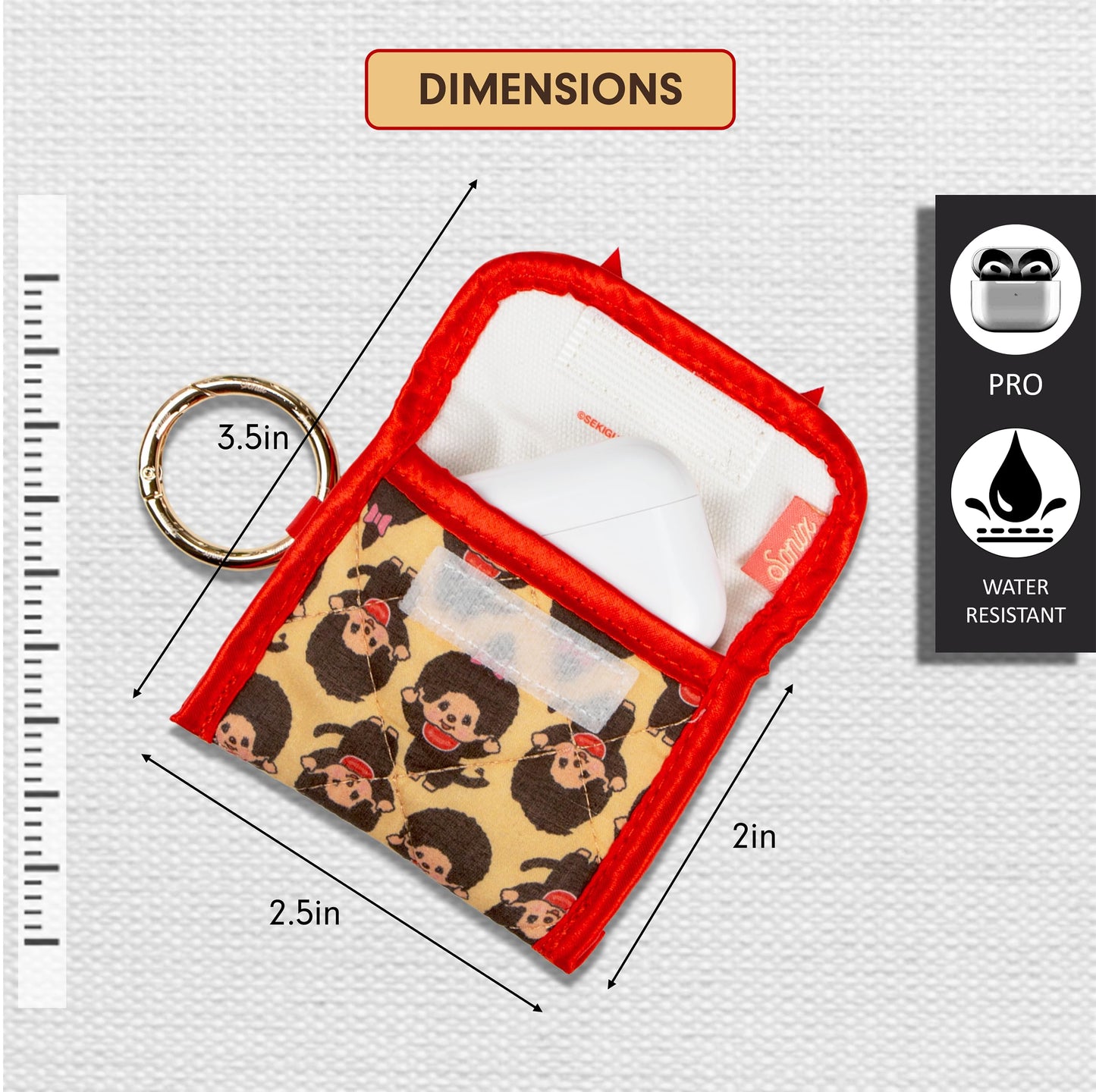 Sonix Quilted Earbud Pouch | Premium Cotton Bag Charm for AirPods, Keychain Storage Case Cover with Carabiner Ring | Monchhichi AOP Latte