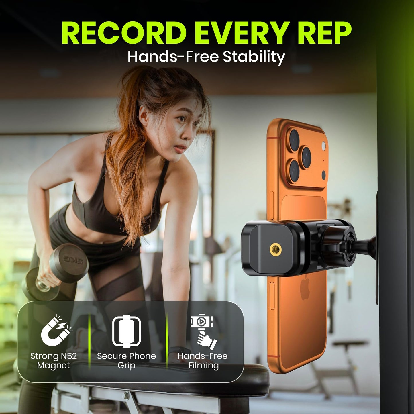 BARENDA Magnetic Phone Holder for Gym with N52 Magnet and Secure Clip, Strong Magnetic Phone Mount for All Phones, Attaches to Metal Surfaces