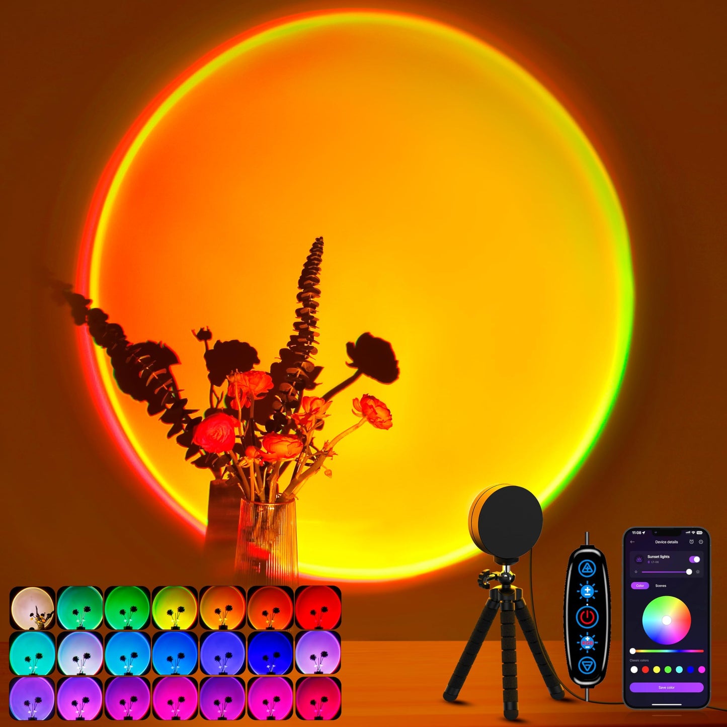 XEBKOR Sunset Lamp Projector Multicolor Changing LED Projection Lamp,Switch Button and APP Control 360 Degree Rotation Sunlight Lamp for Bedroom