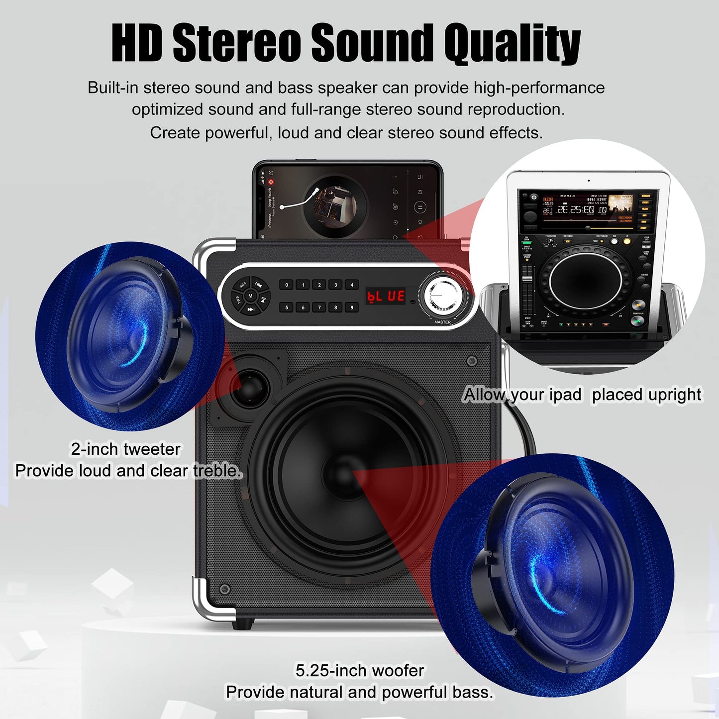 JAUYXIAN Bluetooth Speaker with Two Wireless Microphones, Outdoor Speaker with Subwoofer/Tweeter, Portable PA Speaker System with Remote Control