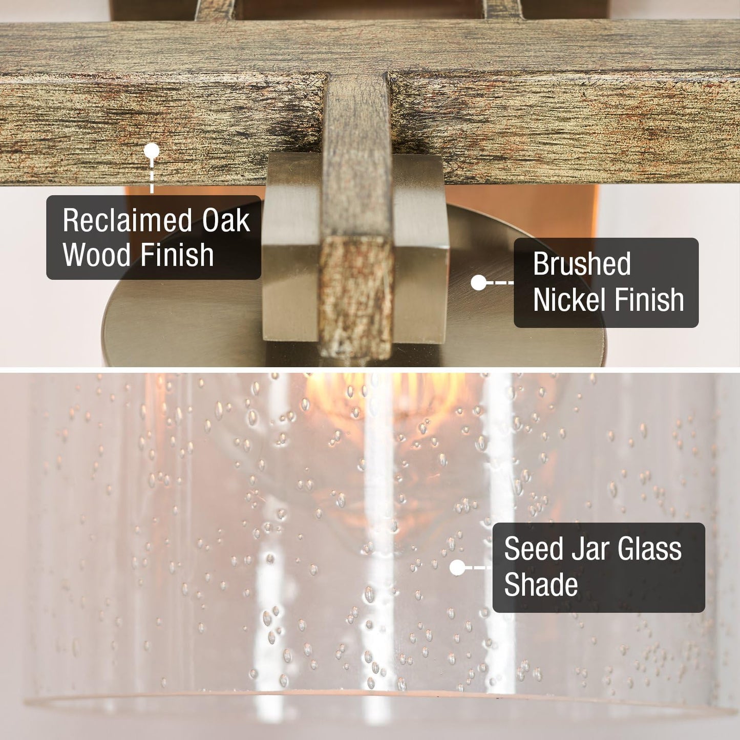 Kira Home Concord 22" 3-Light Farmhouse Vanity Light with Seeded Glass Cylinder Shades, Hand-Painted Wood Grain Metal Bathroom Light, Reclaimed Oak
