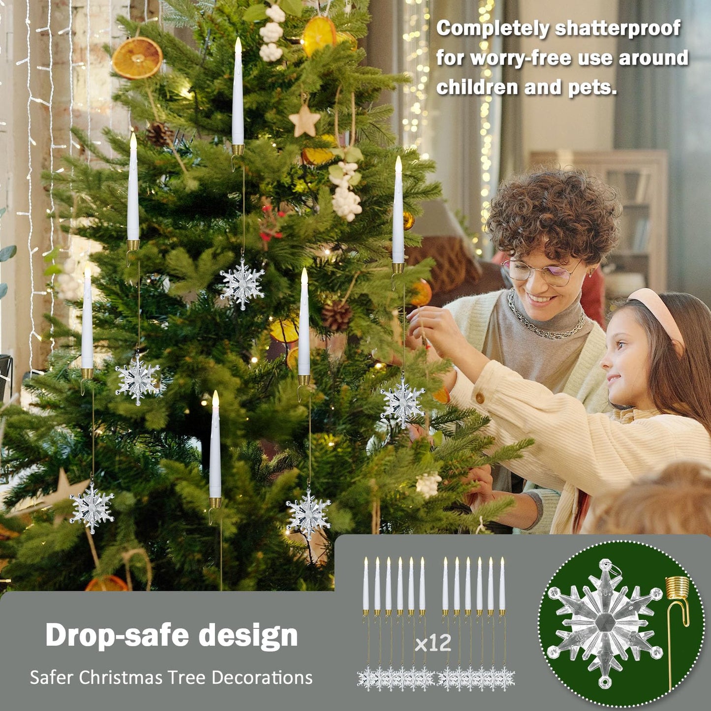 FPOO Christmas Tree Candles, 12 Pack Flameless Taper Candle for Christmas Tree Decor - Battery Operated Candlestick w/Crystal Ball Hook for Holiday