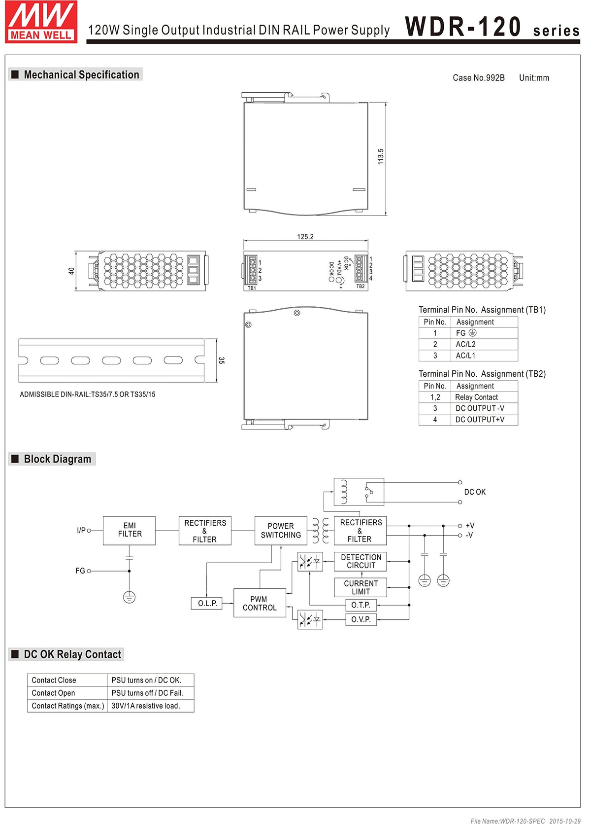 Mean Well Original WDR-120-12 Single Output Industrial DIN Rail Power Supply 12V 10A 120W