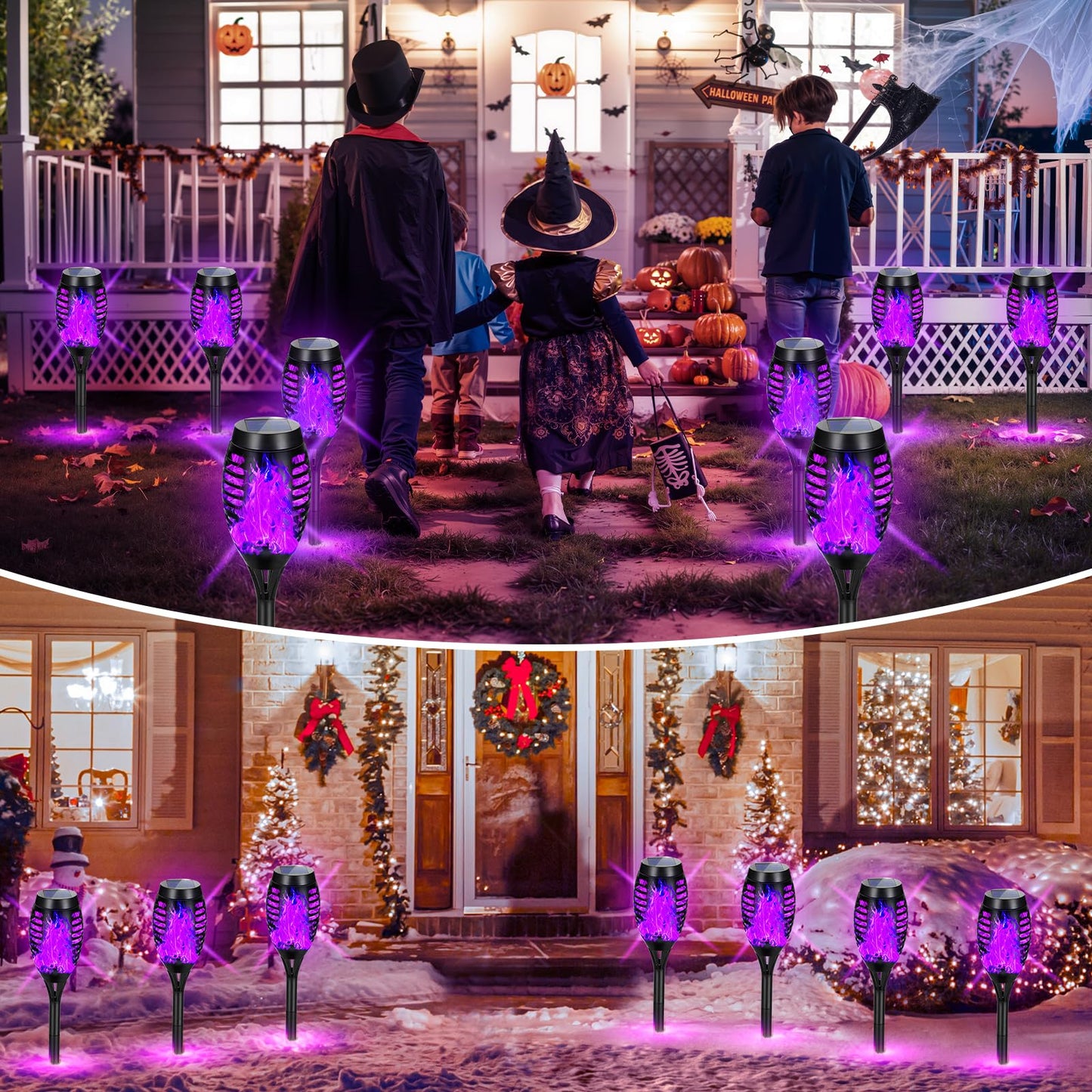 AOUNQ Solar Lights Outdoor, Upgraded 10 Pack Purple Solar Torch Lights Outdoor Flickering Flame for Garden Decor, Waterproof Outdoor Lights Solar