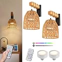 NOVCAND Boho Battery Operated Wall Sconce Set of Two, Rattan Cordless Wall Sconces with Remote,Wireless Sconces Set of 2 for Bedroom,Living