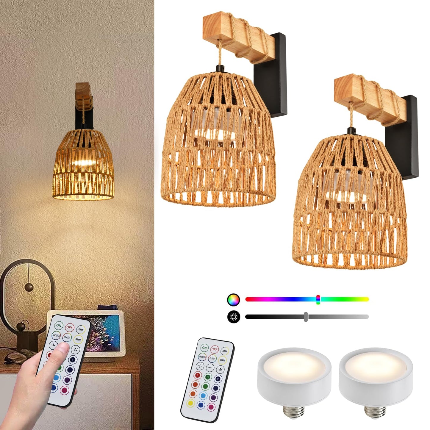 NOVCAND Boho Battery Operated Wall Sconce Set of Two, Rattan Cordless Wall Sconces with Remote,Wireless Sconces Set of 2 for Bedroom,Living