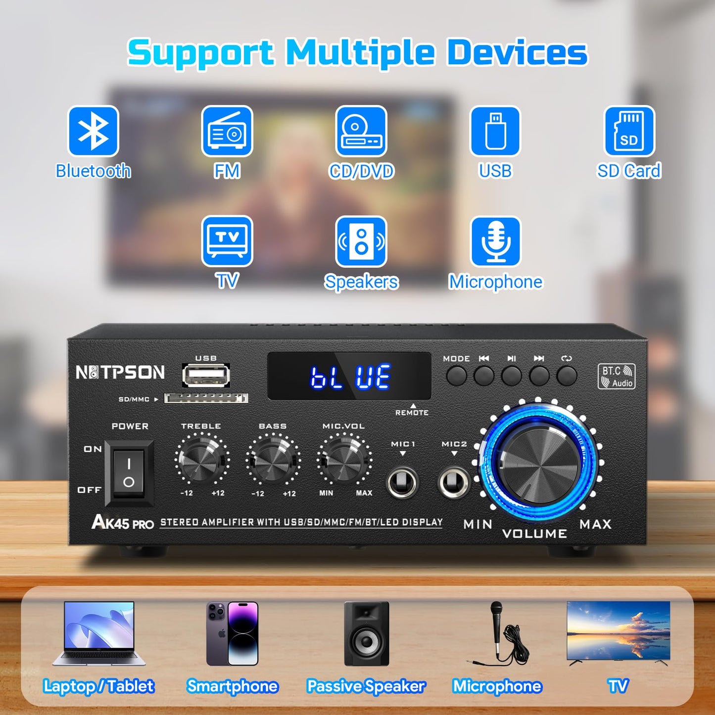 NBTPSON AK45 Bluetooth Stereo Receiver Amplifier,800W Home Audio Amp with FM Radio,USB/SD Inputs Remote Control, Wireless Power Amplifier for Home