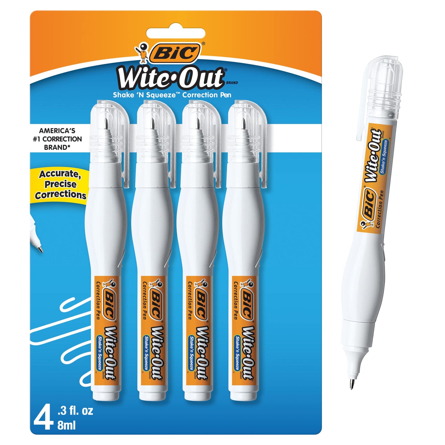 BIC Wite-Out Brand Shake 'n Squeeze Correction Pen, 8 ML Correction Fluid, School Supplies for Students and Teachers, Fast and Precise, 4-Count Pack