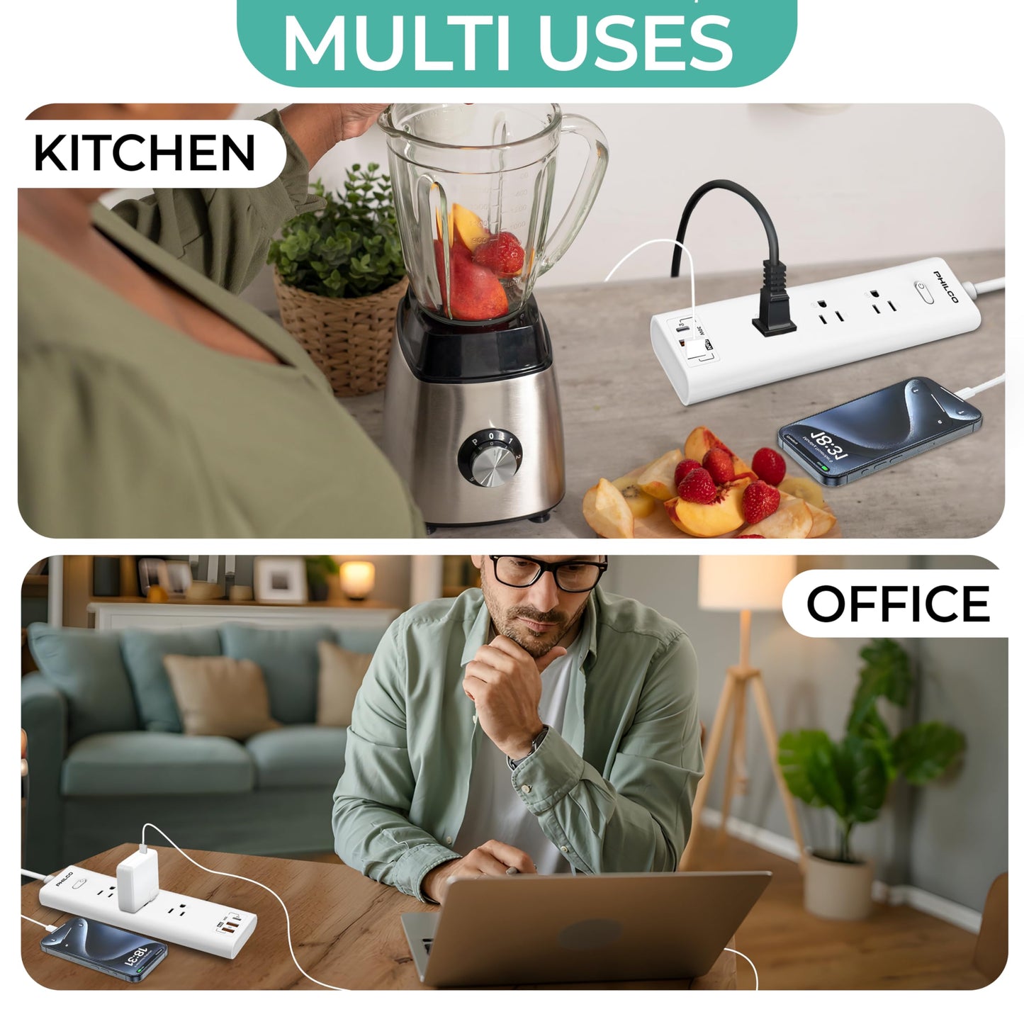 Power Strip with 3 AC Outlets, 30W USB-C Port, 2 USB-A Ports & 6ft Extension Cord - LED Indicator, Fast Charging for Laptops, Phones & More - Compact