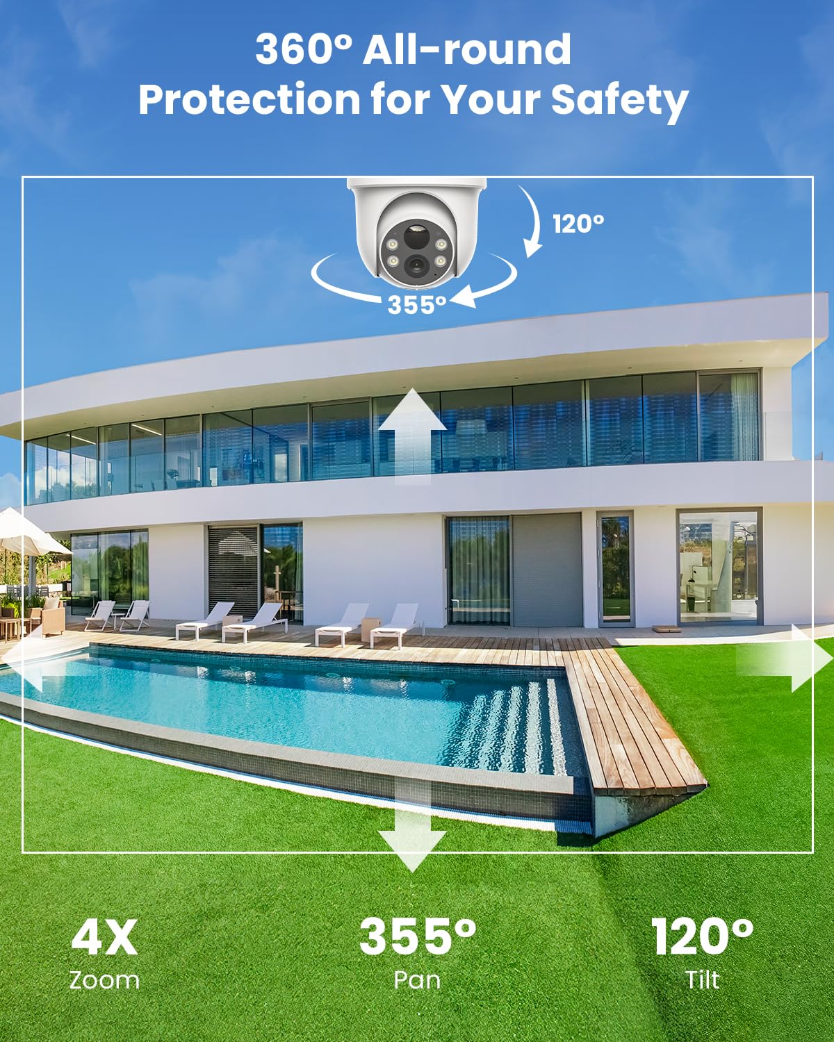 ieGeek Solar Security Cameras Wireless Outdoor, 2K 2.4G WiFi Camera with Solar Panel and Battery Powered, Color Night Vision with Spotlight, 360° PTZ