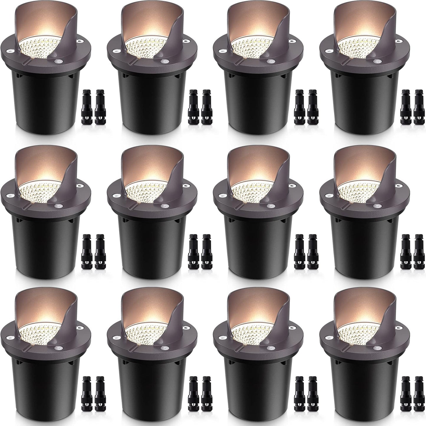 SUNVIE 12 Pack Low Voltage Landscape Lighting 12W LED Outdoor In-Ground Waterproof Shielded Well Lights Warm White Paver Lights with Wire Connectors