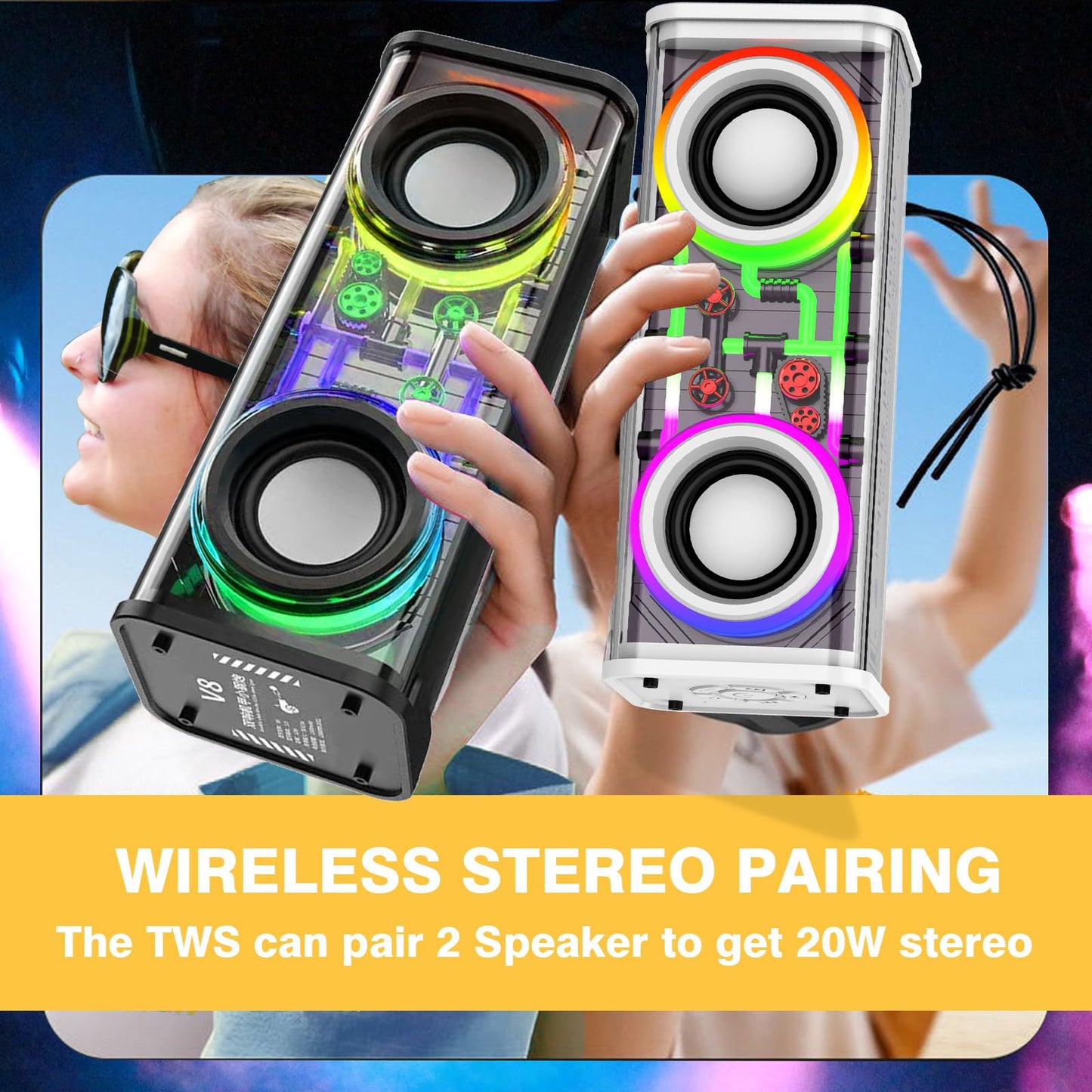 Portable Bluetooth Speaker with LED Lights&Transparent Casing, Bluetooth 5.3 Wireless Outdoor Speakers Support TWS Pairing/TF Card, 10W Stereo Sound