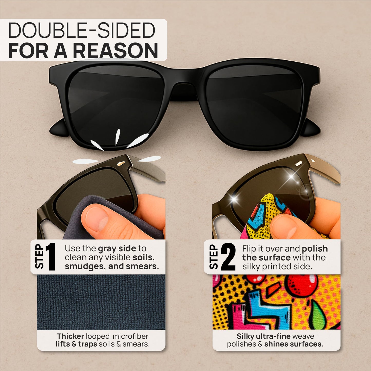 Quick Cloth Microfiber Glasses Cleaning Cloths - 5x7, Popart, 2 Pack with Case | Double-Sided Lens Cleaner for Eyeglasses, Camera, Screens & Glass |