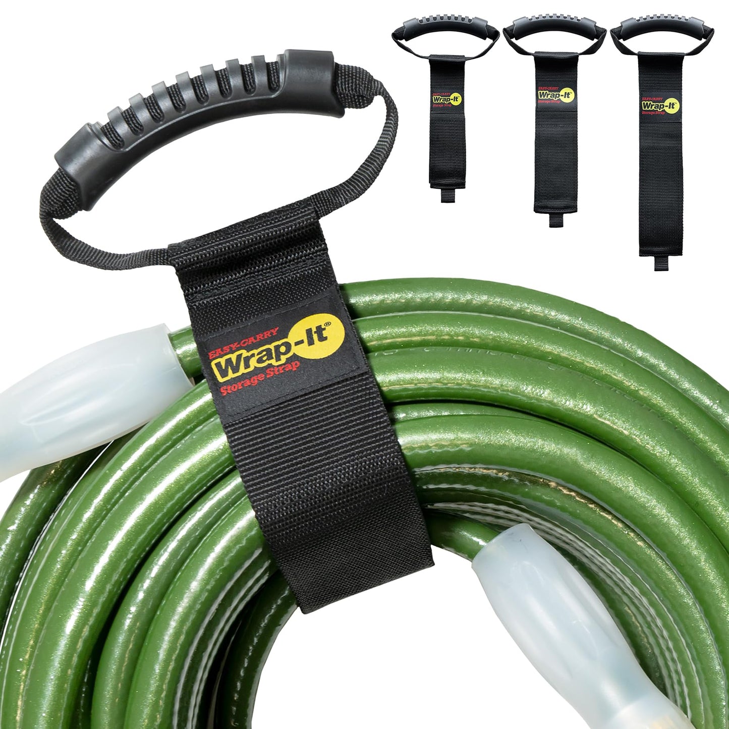 Wrap-It Storage Easy-Carry Straps - Assorted 3-Pack Black - Hook and Loop Straps with a Carrying Handle for Garden Hose, Extension Cord, Cable