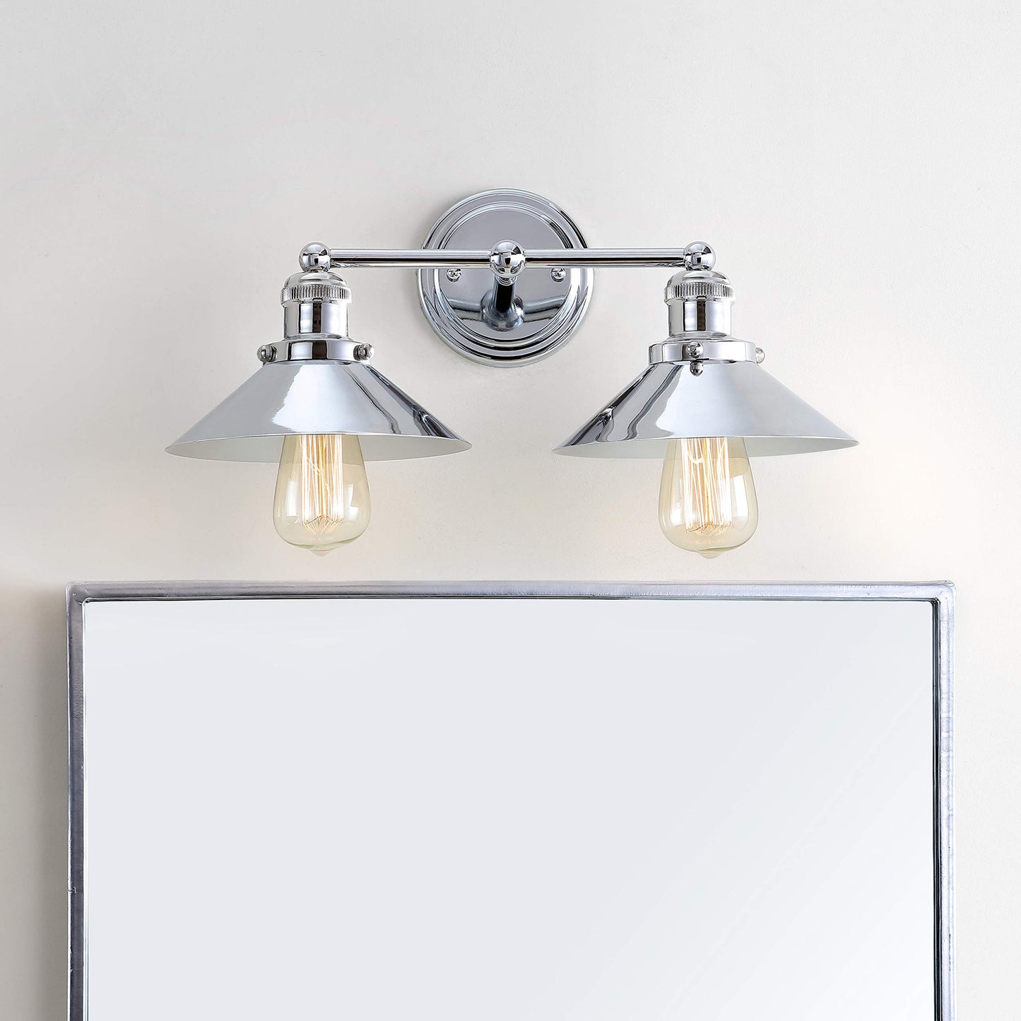 JONATHAN Y 17.5" Chrome 2-Light Industrial Farmhouse Metal Vanity Light Wall Sconce, Metal Shade for Bathroom Mirror, Kitchen, Entryway, LED Bulb