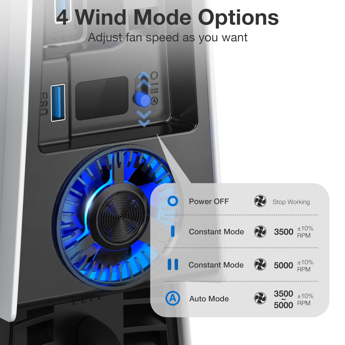 JUSPRO Cooling Fan for PS5 Pro, Quiet Enhanced 4 Cooler Fan with Adjustable Speed, Auto Power On/Off, Cooling Accessories with USB 3.0 Port and LED