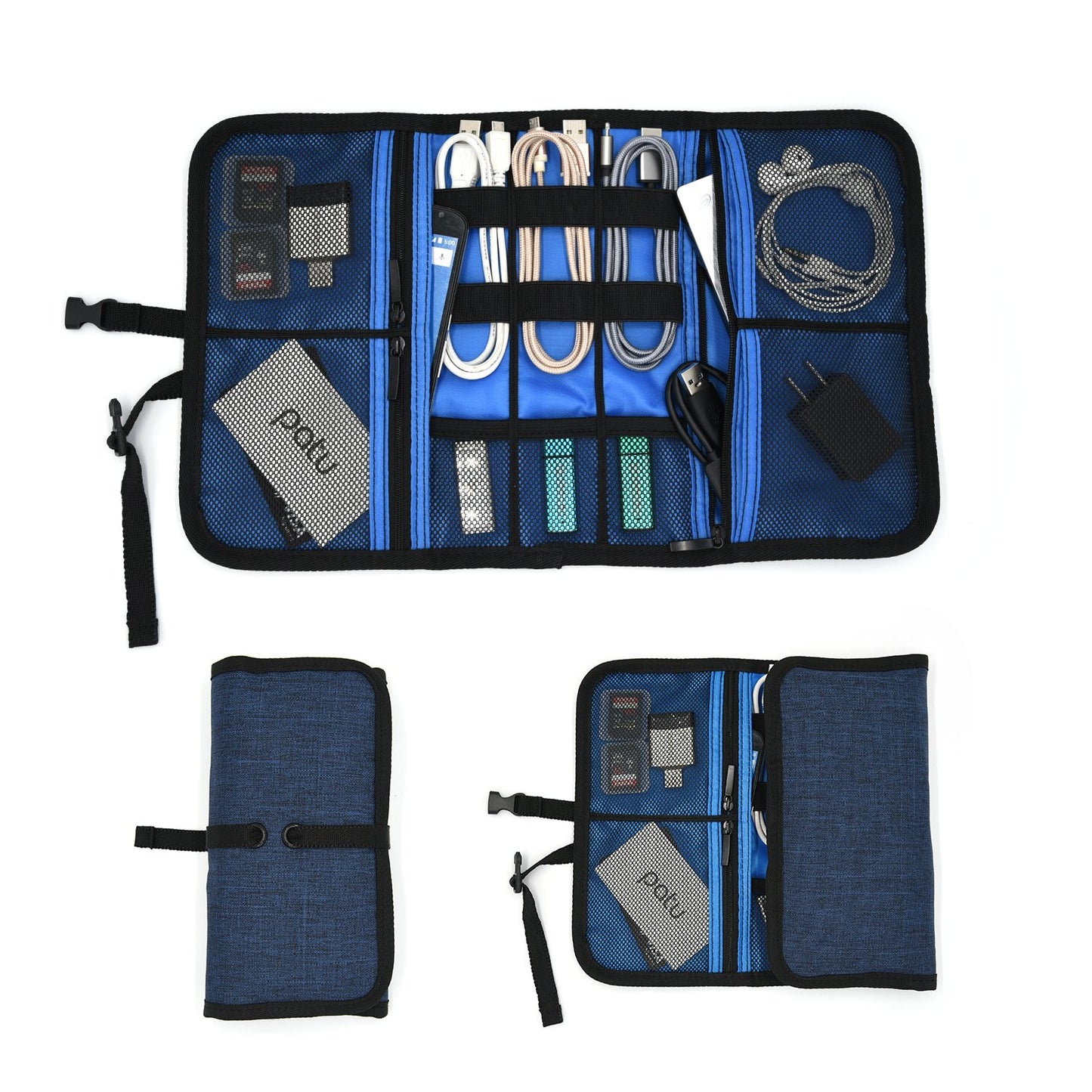 Patu Roll Up Electronics Accessories Travel Gear Organizer Case, Portable Universal External Batteries Hard Drives Cables Cosmetics Kit Bag, Navy