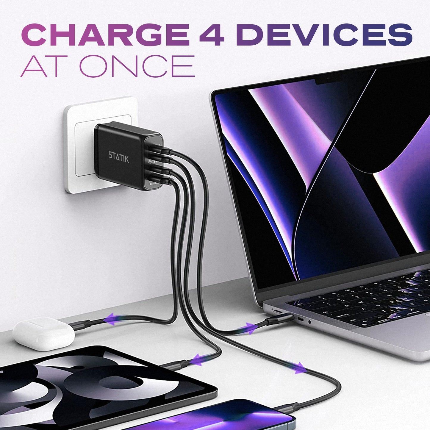 STATIK 100W GaN Charger Super Fast Charger Block USB C - 3 Ports Wall Charger Block Type C Plug Adapter, High-Speed Power Compatible with MacBook Pro