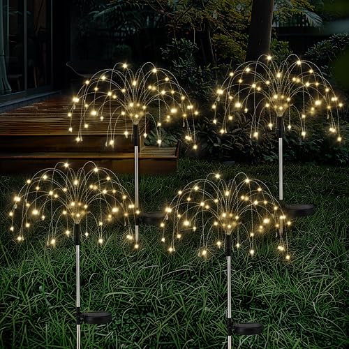 Lewondr Firework Solar Garden Lights 4 Pack, 120 LED Solar Firework Lights with 8 Lighting Modes, Waterproof Sparkler Starburst Solar Lights Outdoor