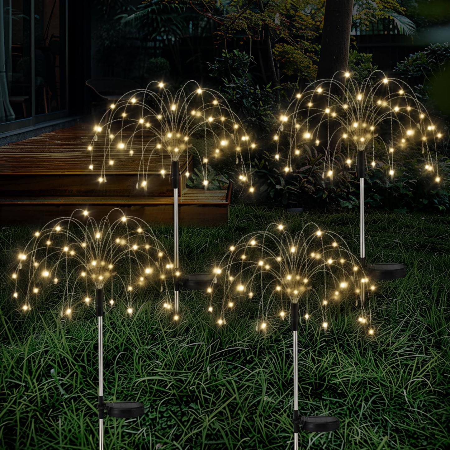 Lewondr Firework Solar Garden Lights 4 Pack, 120 LED Solar Firework Lights with 8 Lighting Modes, Waterproof Sparkler Starburst Solar Lights Outdoor