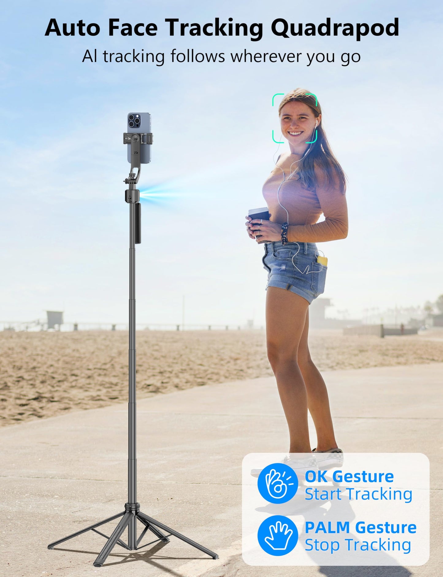 64'' Auto Face Tracking Tripod 360 Rotation with Stand, Handheld Stabilization, Aluminum Quadrapod Selfie Stick Phone Tripod with Remote Compatible