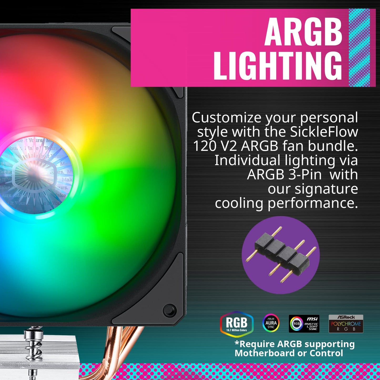 Cooler Master Hyper 212 EVO V2 CPU Air Cooler, SickleFlow 120 V2 ARGB Bundle, 4 Copper Direct Contact Heat Pipes, ARGB 3-Pin Customizable LEDs, PWM