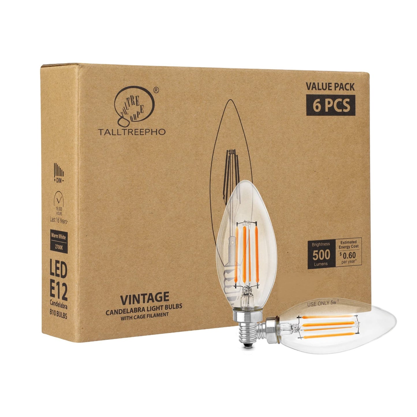 E12 Candelabra LED Edison Bulbs 40W Equivalent, 500 Lumen Soft White B10(C35) Dimmable Chandelier Light Bulbs Ceiling Fan, 5W Clear Glass Vintage