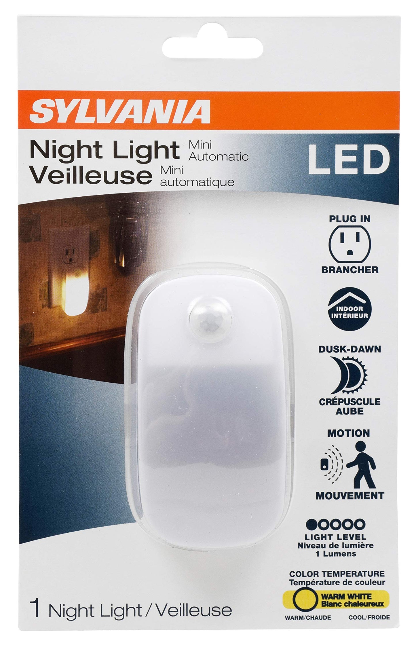 LEDVANCE Sylvania LED Mini Automatic Plug-in Night Light with Sensor, Motion Activated, Dusk to Dawn, Warm White, Plug-in Type - 1 Pack (64988)