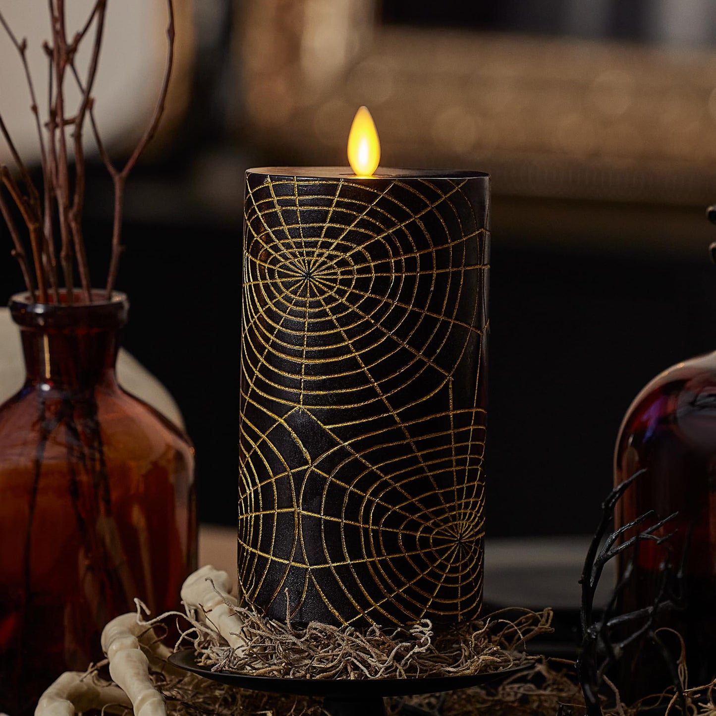 Luminara Spider Flameless LED Candle, Black & Gold 3" x 6.5", Moving Flame Pillar, Battery Operated Timer Real Wax Halloween Gothic Home Decor
